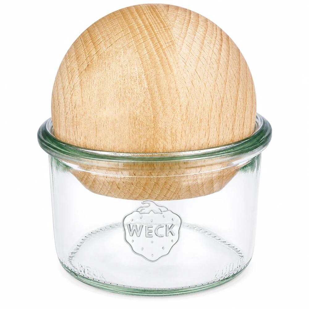 200 ml Briller WECK RR80 med trækugle bøg WECK-glas 200 ml RR80 med låg af trækugle-bøg, klart glas med WECK-logo, bæredygtig opbevaringskrukke