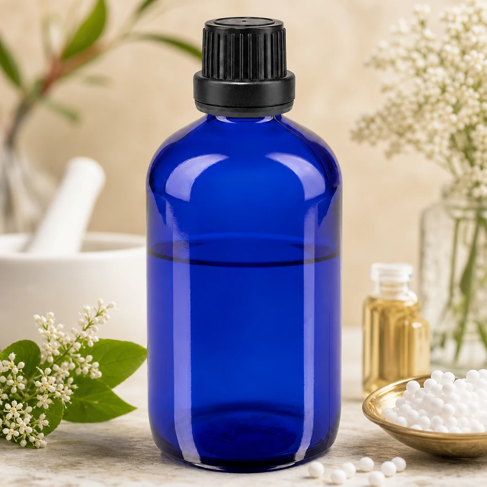 Apoteksflaske blå 100 ml skruelåg sort tæt OV Blå glasflaske på 100 ml med sort dråbeforsegling foran morter og pistil