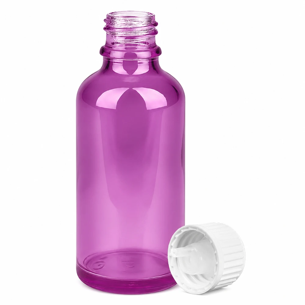 50 ml dråbeflaske 0,9 mm hvid standard PurpleLine. UT18/50 Tom 50 ml glasflaske i lilla med dråbehætte til æteriske olier og serum