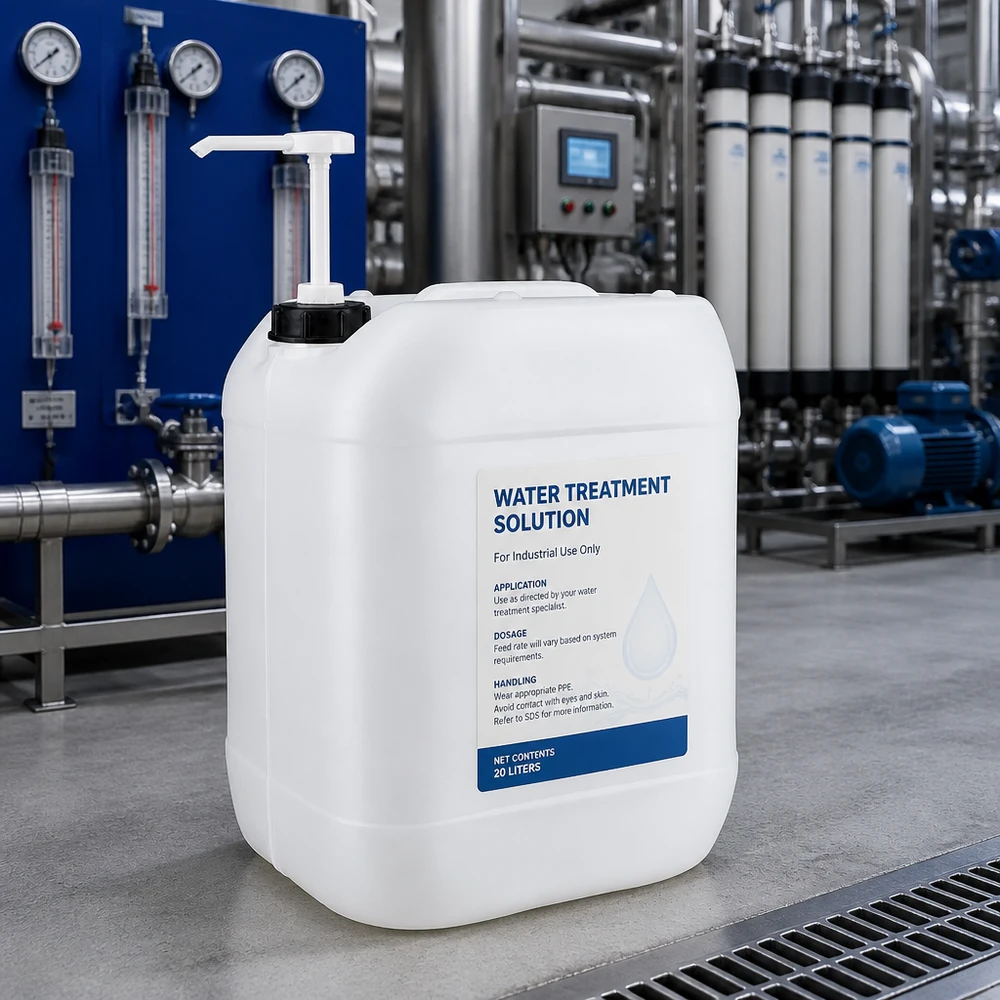 Beholder 20 liter med doseringspumpe Hvid 20-liters dunk med doseringspumpe til industriel vandbehandling i anlægget