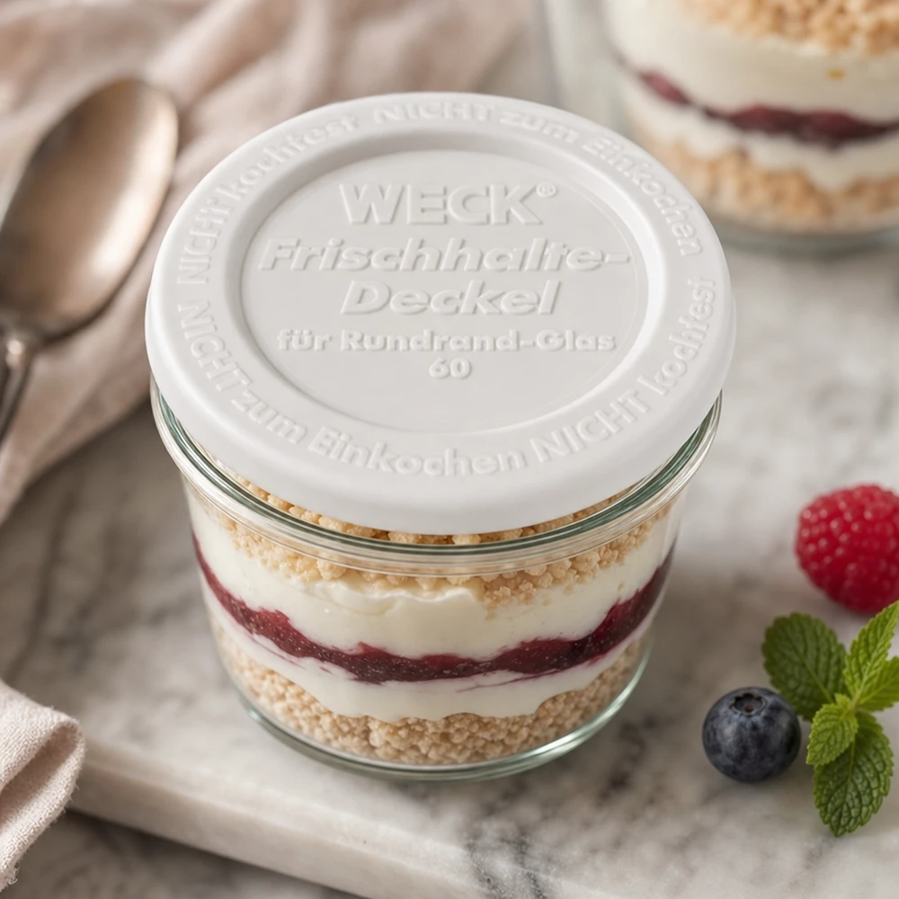 WECK/REX keep-fresh-låg RR60 WECK Frischhaltedeckel RR60 Dessertglas Schichtdessert Tiramisu Beeren Mint dekorative Präsentation Küchenstil