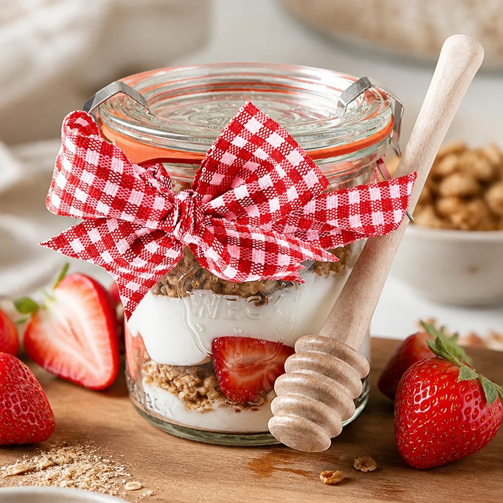 Briller mini 140 ml komplet med honningske WECK mini murerbalje 140 ml yoghurt müsli jordbær lagdelt dessert honning ske træ Vichy sløjfe rød hvid
