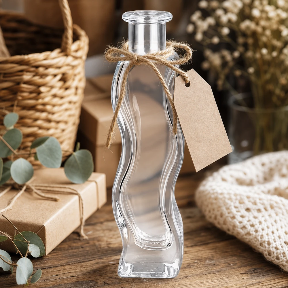 100 ml glasflaske »Melissa« uden lukning UNiTWIST® Melissa 100 ml glasflaske med vedhæng af kraftpapir og jutesnor dekoreret i en rustik atmosfære med eukalyptus