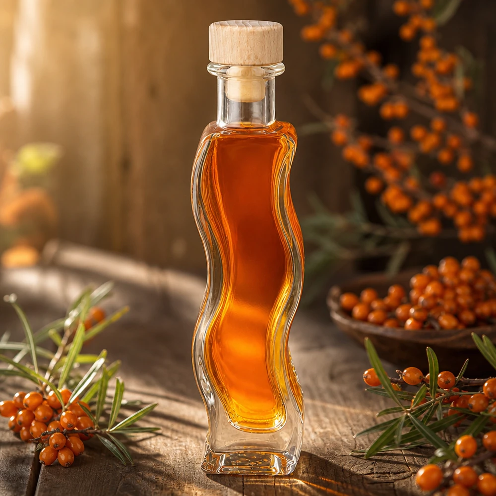 100 ml Glasflaske Melissa med træhåndtag og prop UNiTWIST® Glasflaske Melissa 100 ml fyldt med havtornolie mellem havtorngrene naturlig dekoration træprop