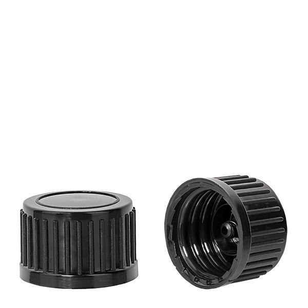 Sort skruelåg (DIN18, UT18) som standard. Til ApoGlas®, UNiTWIST® & Miron® Apoteksflasker 5-100 ml med 18 mm gevind. Sort skruelåg (DIN18, UT18) som standard. Til ApoGlas®, UNiTWIST® & Miron® Apoteksflasker 5-100 ml med 18 mm gevind.