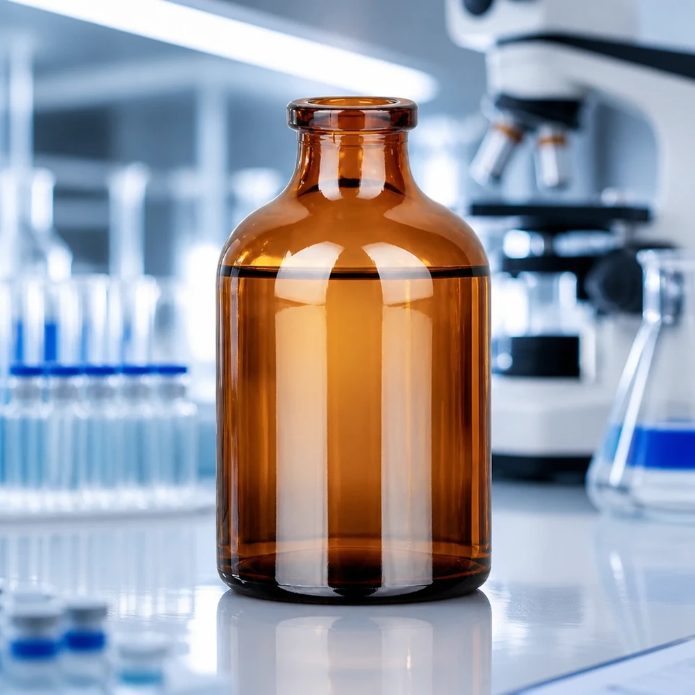 Injektionsflaske af ravfarvet glas 50 ml Sterile Braunglas Injektionsflasche 50ml mit zylindrischem Körper und eingezogenem Hals