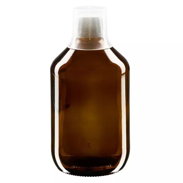 500 ml medicinflaske brun, hætte OV med doseringsbæger 30 ml ApoGlas. Farmaceutisk kvalitet fra EU-produktion. 28 mm (PP28) gevind. (sirup, let glasflaske)