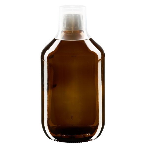 500 ml medicinflaske brun, hætte OV med doseringsbæger 30 ml ApoGlas. Farmaceutisk kvalitet fra EU-produktion. 28 mm (PP28) gevind. (sirup, let glasflaske)
