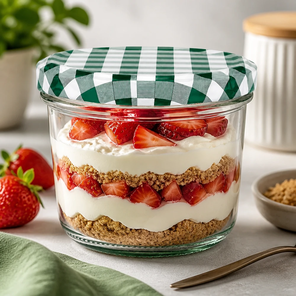 230 ml Briller + BasicSeal-låg grøn/hvid UNiTWIST 230 ml dessertglas jordbær trifli lagdelt dessert BasicSeal-låg grøn og hvid ternet dessertkøkken