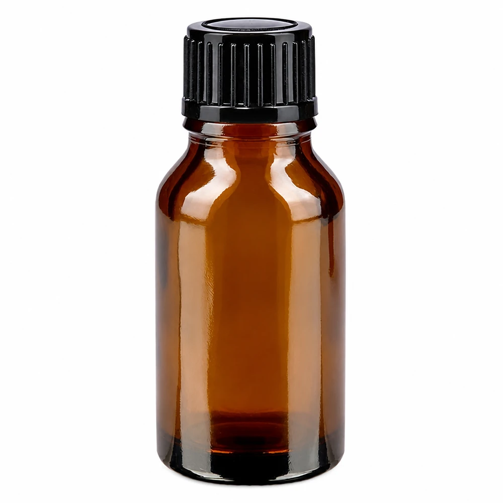 Brun apoteksflaske på 15 ml med sort dråbepropp på 1 mm af brunt glas