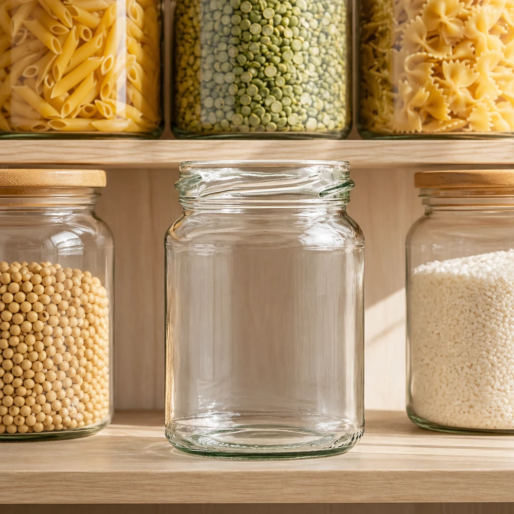 UNiTWIST Runda205 - Rund krukke med en kapacitet på 205 ml TO58 UNiTWIST Runda205 rund krukke 205ml TO58 tom konserveringskrukke i køkkenet med fyldte opbevaringsglas pasta linser ris