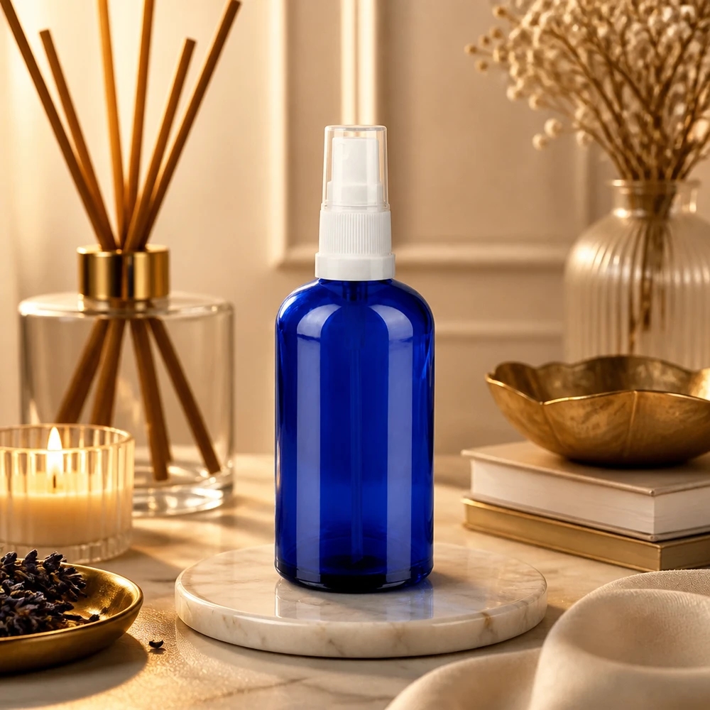 100 ml glasflaske med spraypumpe i elegant blå farve til kosmetiske produkter af høj kvalitet
