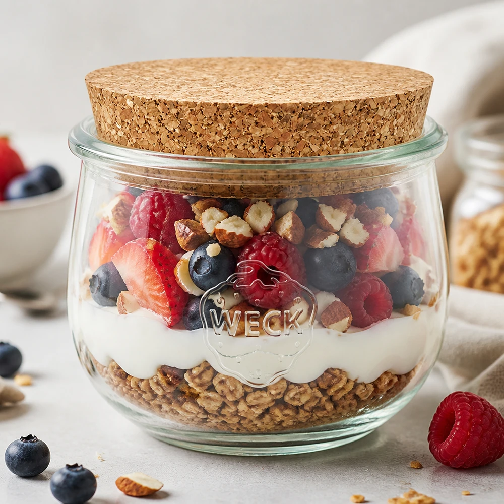 580 ml tulipankrukke WECK RR100 med kork natur WECK tulipankrukke 580 ml med korklåg som müslikrukke fyldt med yoghurt, bær og nødder Morgenmad i krukke