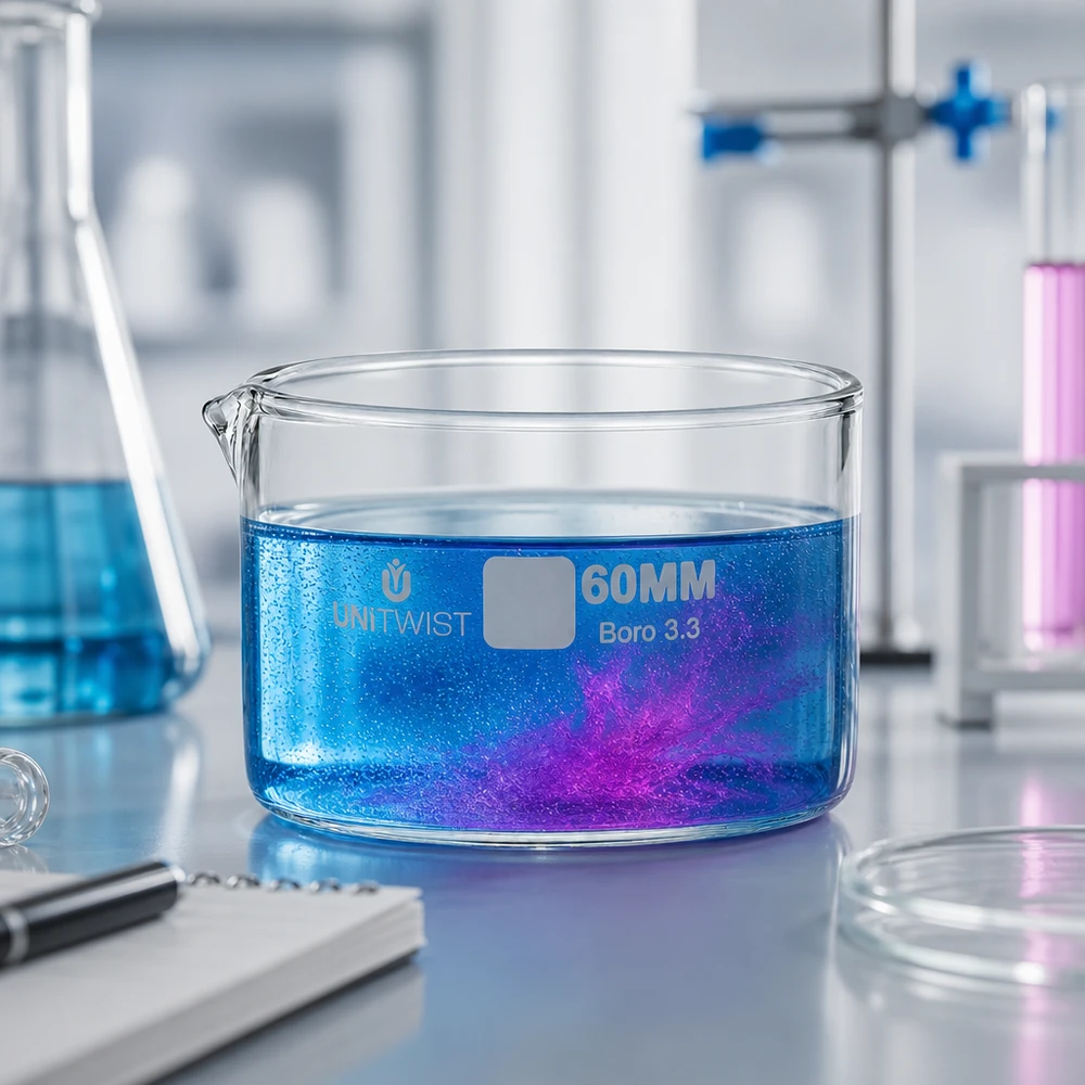Krystalliseringsskål ø60mm borosilikatglas UNiTWIST 60 mm UNiTWIST-krystalliseringsskål med blå-violet farvereaktion i et professionelt laboratoriemiljø