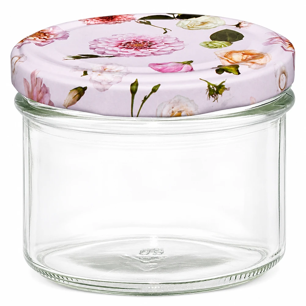 225 ml væltet glas + BasicSeal låg Blume rosa UNiTWIST 225 ml murerbalje med lyserøde blomster BasicSeal-låg - tomt syltetøjsglas til marmelade og konserves