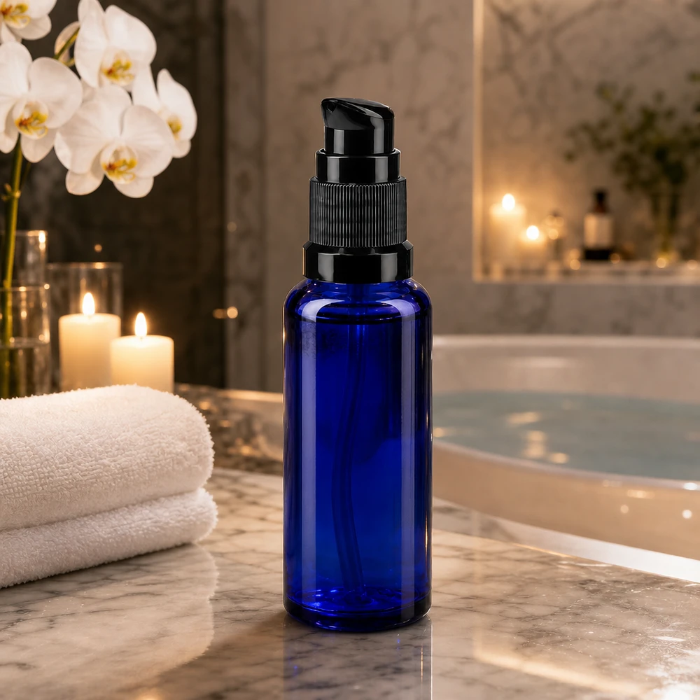 Koboltblå 30 ml ApoGlas-pumpeflaske med sort dispenser i et elegant wellness-badeværelse