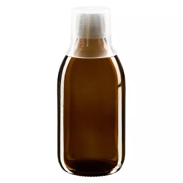 250 ml medicinflaske brun, hætte OV med doseringsbæger 30 ml ApoGlas. Farmaceutisk kvalitet fra EU-produktion. 28 mm (PP28) gevind. (sirup, let glasflaske)