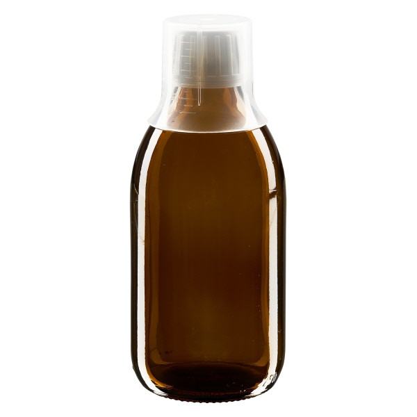 250 ml medicinflaske brun, hætte OV med doseringsbæger 30 ml ApoGlas. Farmaceutisk kvalitet fra EU-produktion. 28 mm (PP28) gevind. (sirup, let glasflaske)