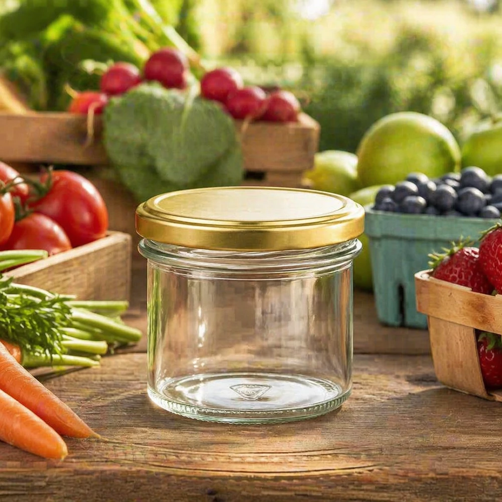 125 ml Briller med BasicSeal-låg guld UNiTWIST 125ml Sturzglas mit goldenem Deckel zwischen frischem Obst und Gemüse - ideal für hausgemachte Marmelade