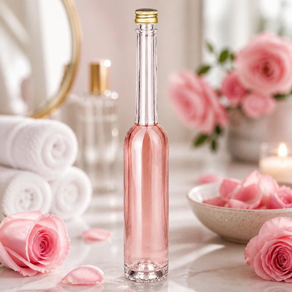 100 ml glasflaske »Toni« og skruelåg sølv UNiTWIST® 100 ml Toni-glasflaske med pinkfarvet væske i wellness-spa-stemning - UNiTWIST guldhætte mellem roserne