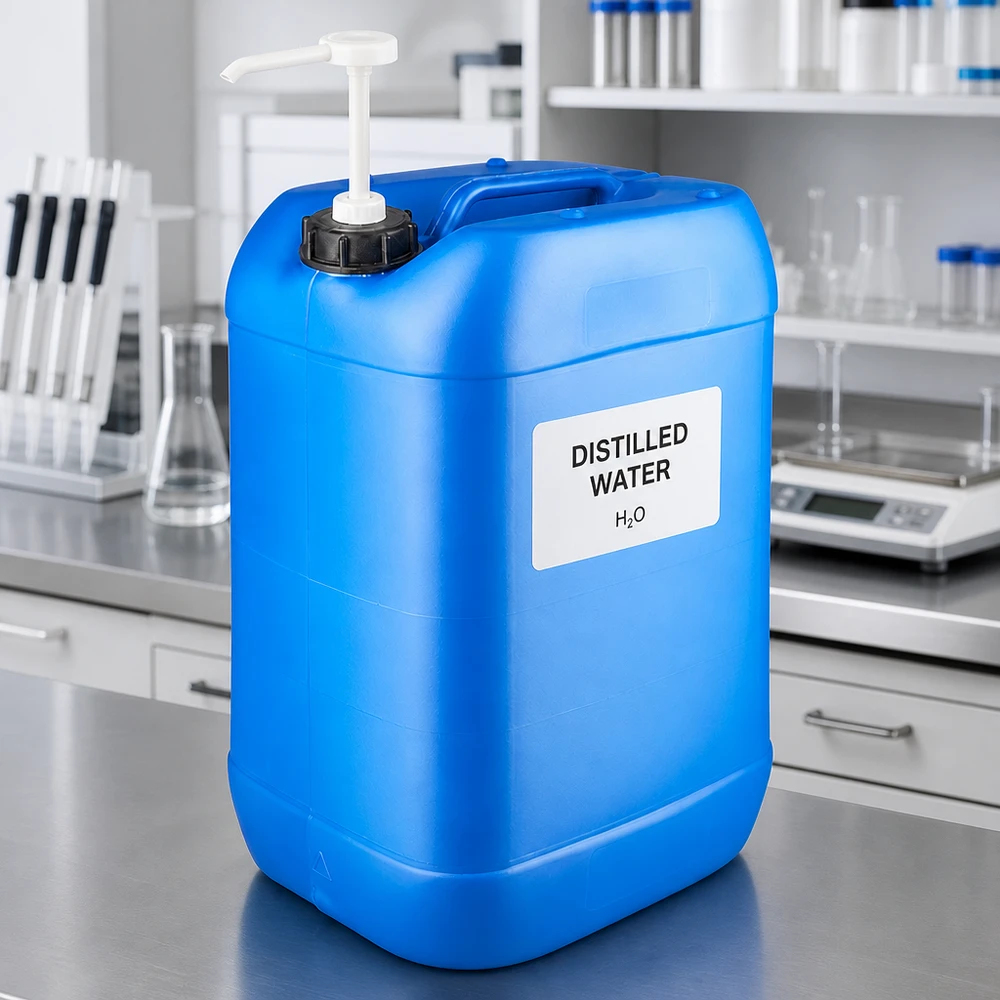 Blå 25-liters laboratoriekanister med doseringspumpe, fyldt med destilleret vand, på et bord af rustfrit stål