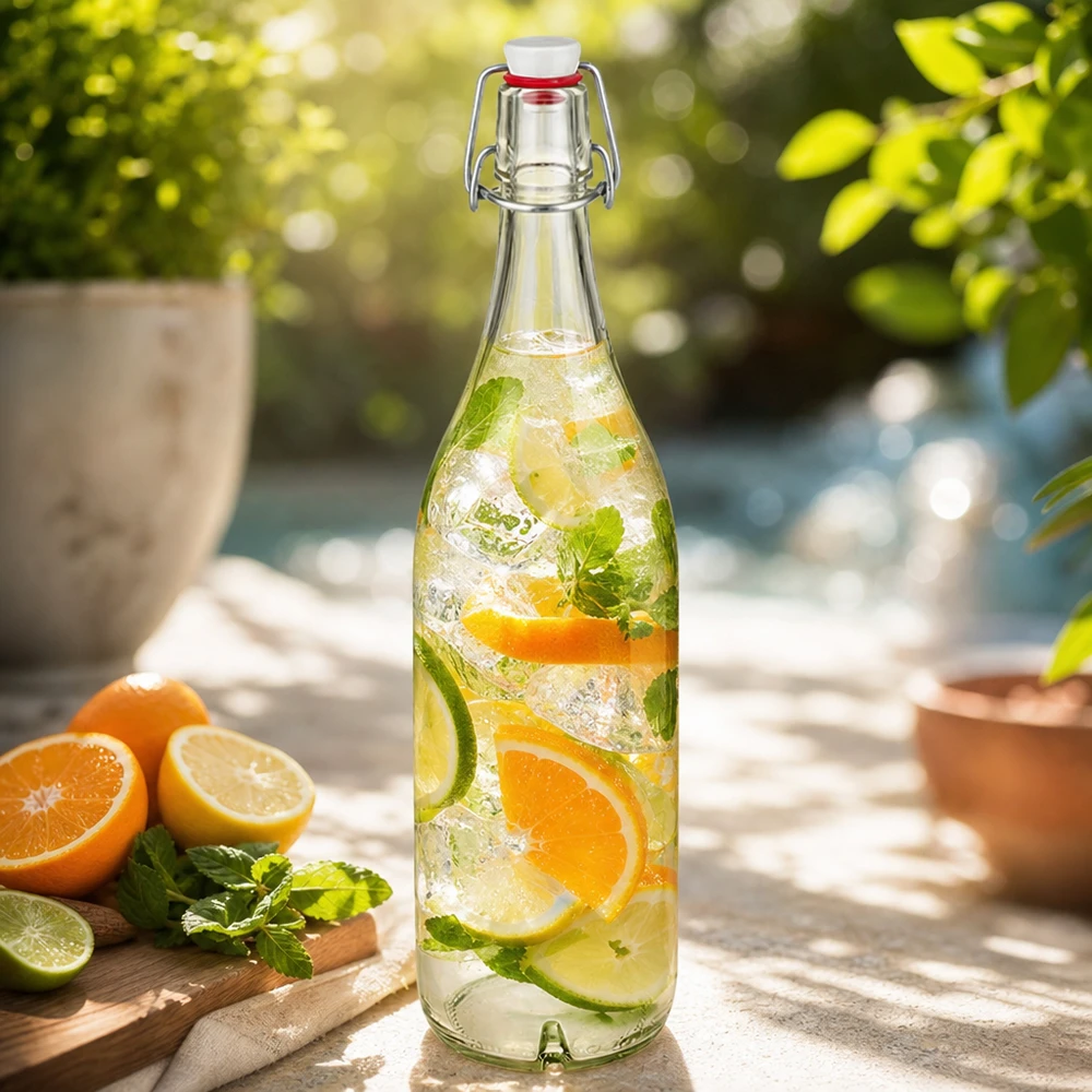 1000 ml glasflaske og hængelåg porcelæn UNiTWIST 1000 ml glasflaske med svingtop fyldt med citruspunch appelsin lime mynte på en solrig terrasse