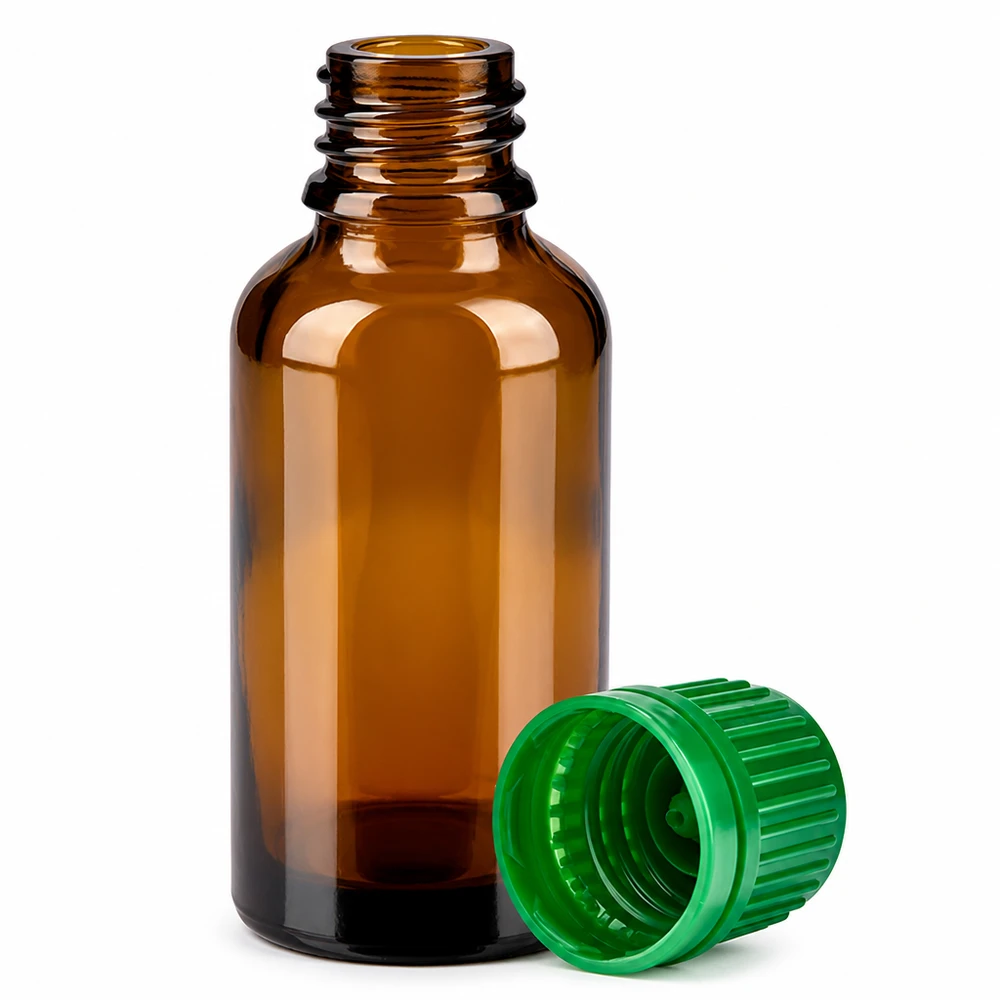 30 ml flaske 11 mm SV grøn OV BrownLine UT18/30 Lille 30 ml ravfarvet glasflaske med UV-beskyttelse og grøn hætte til sikker opbevaring