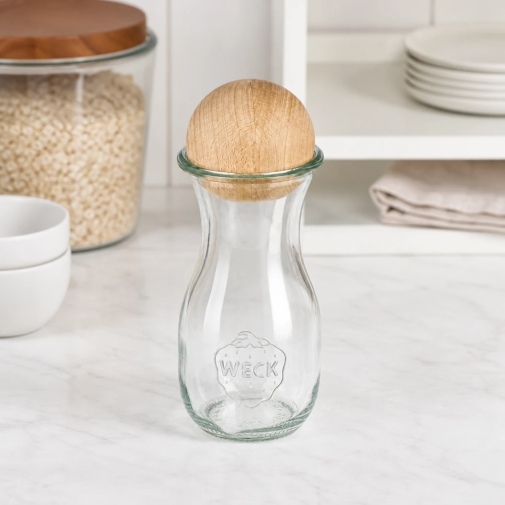 290 ml juiceflaske WECK RR60 med trækugle bøg WECK glasflaske 290ml RR60 med bøgetræskugle i hvidt køkken ved siden af opbevaringskrukker og porcelænsstabel
