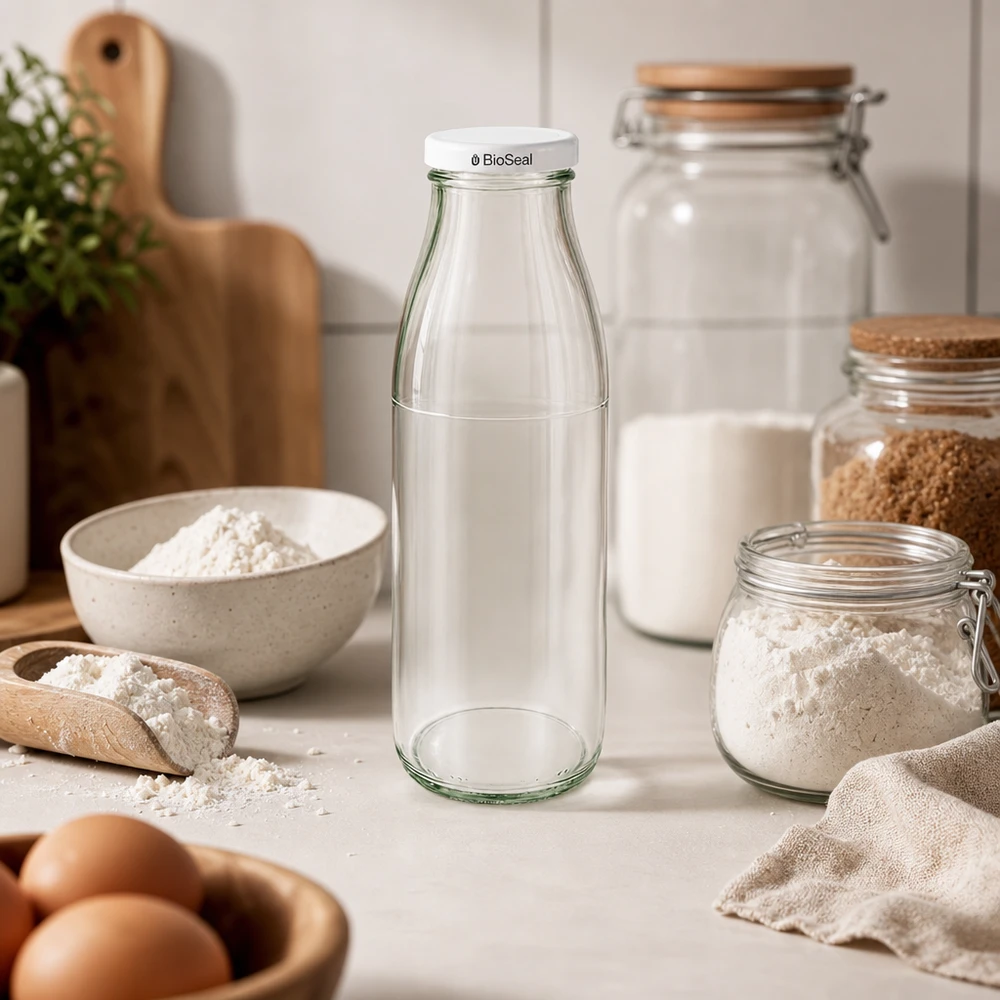500 ml glasflaske + BioSeal-låg hvid UNiTWIST. Absolut lækagesikker med stort TO48-låg. Til mælk, juice og limonade. 500ml Glasflasche mit weißem BioSeal Deckel in skandinavischer Küche zwischen Mehl, Eiern und Vorratsgläsern