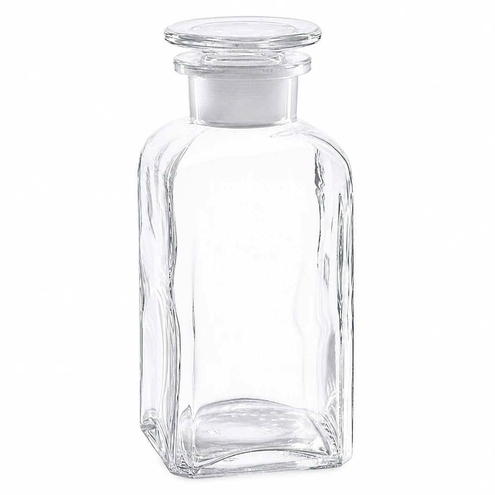 Firkantet flaske 350 ml klar glasprop med bred hals Firkantet flaske, 350 ml, klar, med glasprop og bred hals, fremstillet af klar glas af høj kvalitet