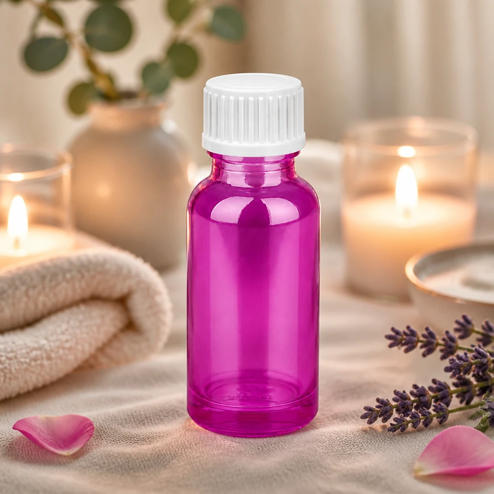 20 ml (kugle) flaske 3 mm hældering hvid standard PurpleLine.UT18/20 20 ml glasflaske af høj kvalitet i elegant lilla med børnesikret skruelåg