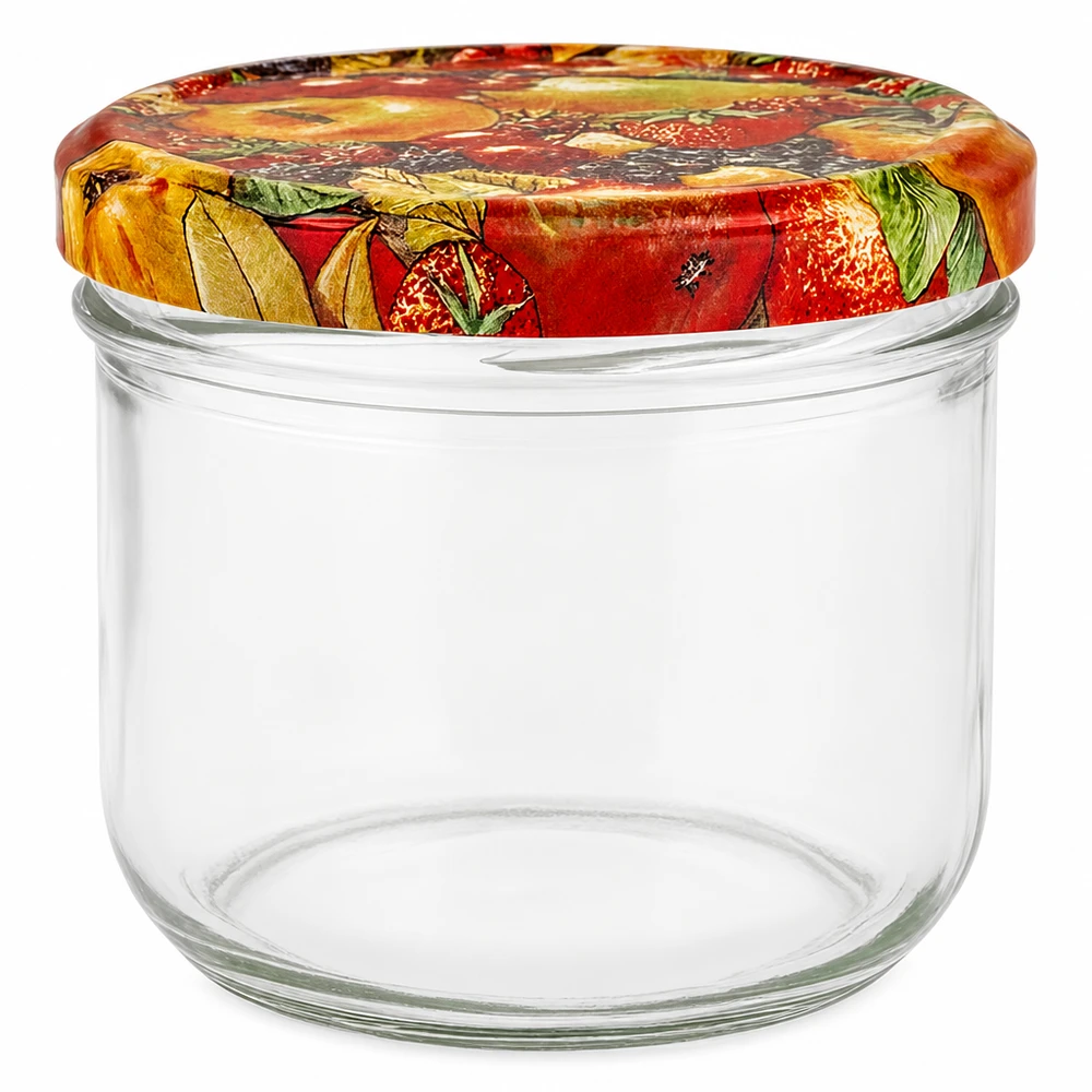260 ml Briller + BasicSeal låg frugtdekoration UNiTWIST 260 ml murerbalje med farverigt frugtdekorationslåg, tom syltekrukke til marmelade og konserves