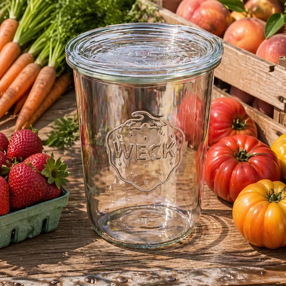 850 ml krukke med glaslåg WECK RR100 WECK-bægre 850 ml RR100 omgivet af friske grøntsager og frugt viser alsidig brug til tilberedning og opbevaring af måltider.