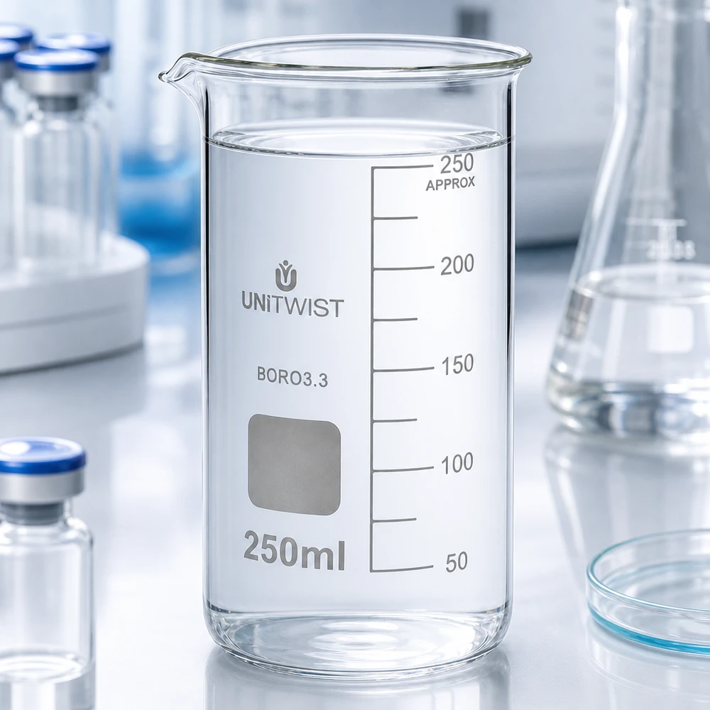 Bæger 250 ml borosilikat, høj form UNITWIST UNITWIST måleglas 250 ml, høj model, borosilikatglas med hvidt felt til mærkning og millimeterskala