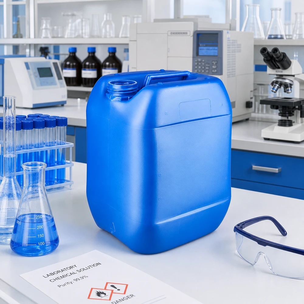 Blå 10-liters dunk uden låg på et hvidt laboratoriebord ved siden af en Erlenmeyer-kolbe