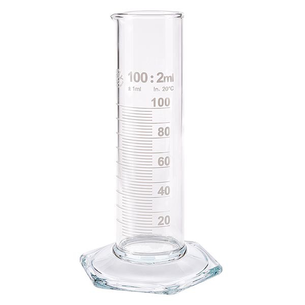 100 ml målecylinder NF af glas, hvid skala. NF = lav form. Skala af borosilikatglas med tud. Sekskantet base.
