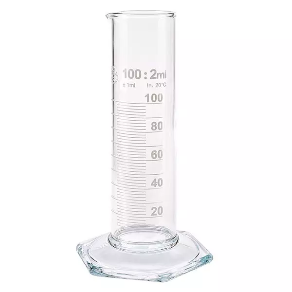 100 ml målecylinder NF af glas, hvid skala. NF = lav form. Skala af borosilikatglas med tud. Sekskantet base.