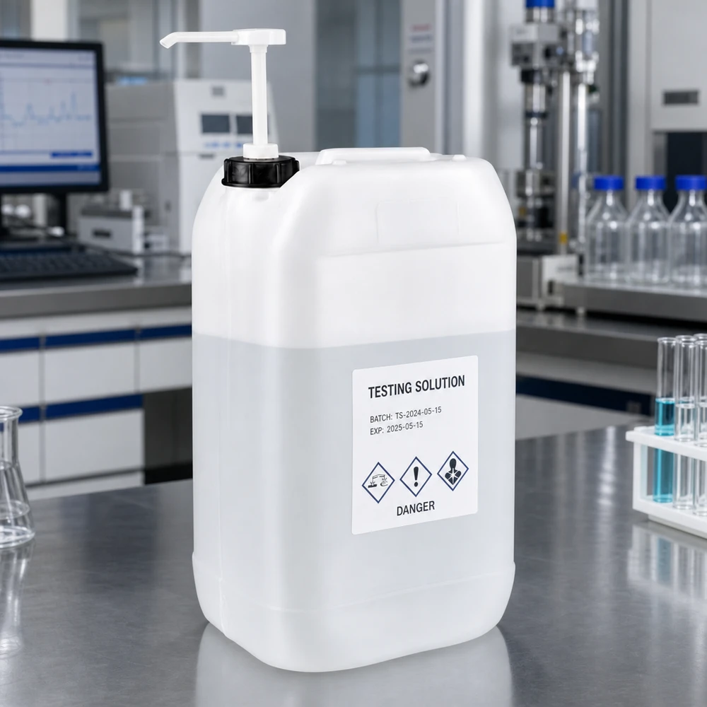 15 liters laboratoriekanister med doseringspumpe og GHS-faresymboler for kemikalier