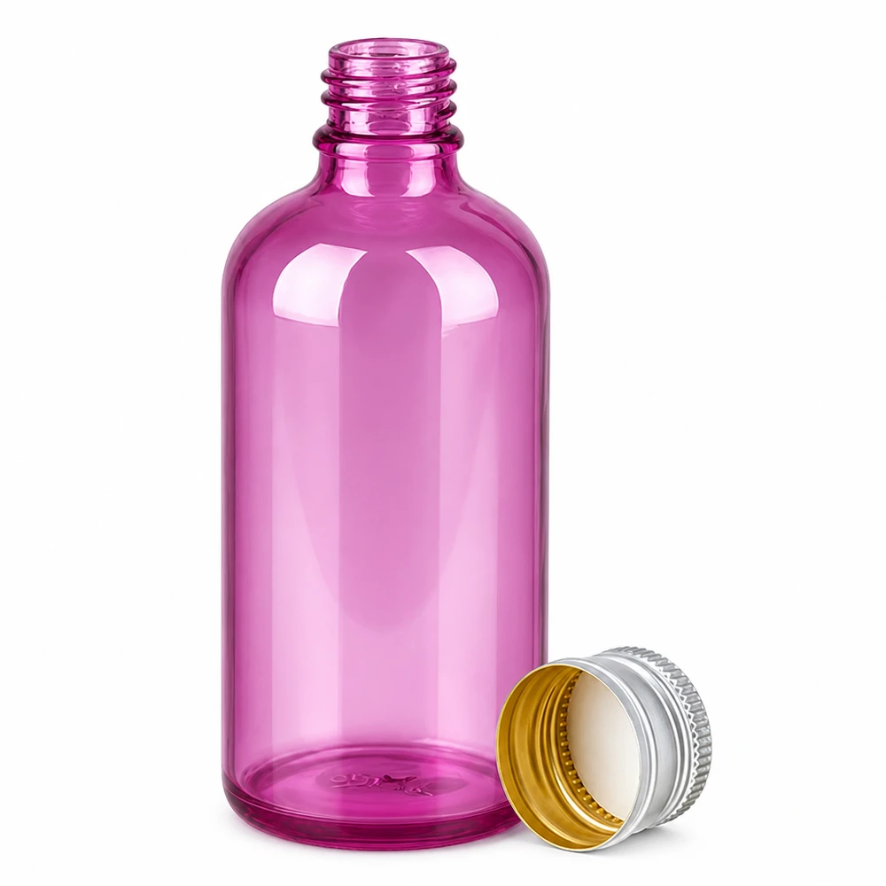 100 ml flaske. 11 mm skruelåg aluminium-sølv standard PurpleLine. UT18/100 Lilla glasflaske 100 ml med sølvfarvet skruelåg til æteriske olier og serum