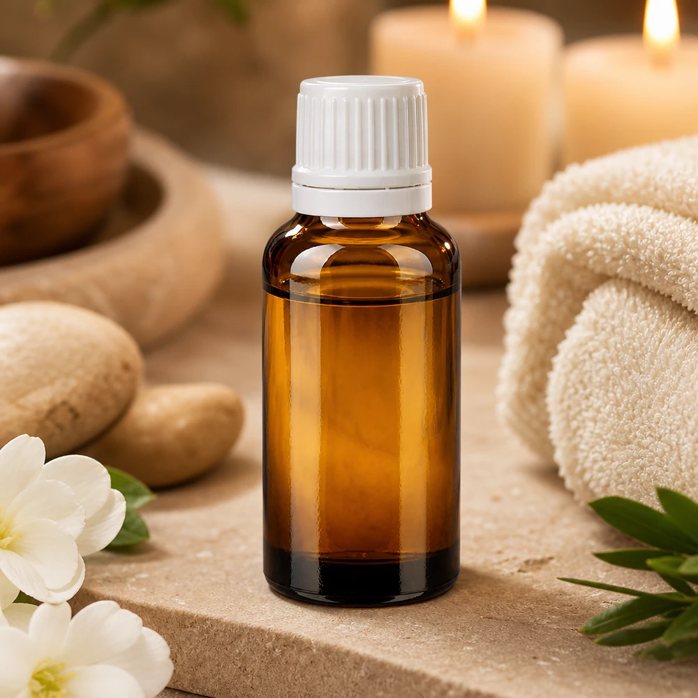 Apoteksflaske brun 20 ml skruelåg hvid OV Lille 20 ml apotekerflaske af brunt glas med hvid dråbeflaske til massageolier og wellness