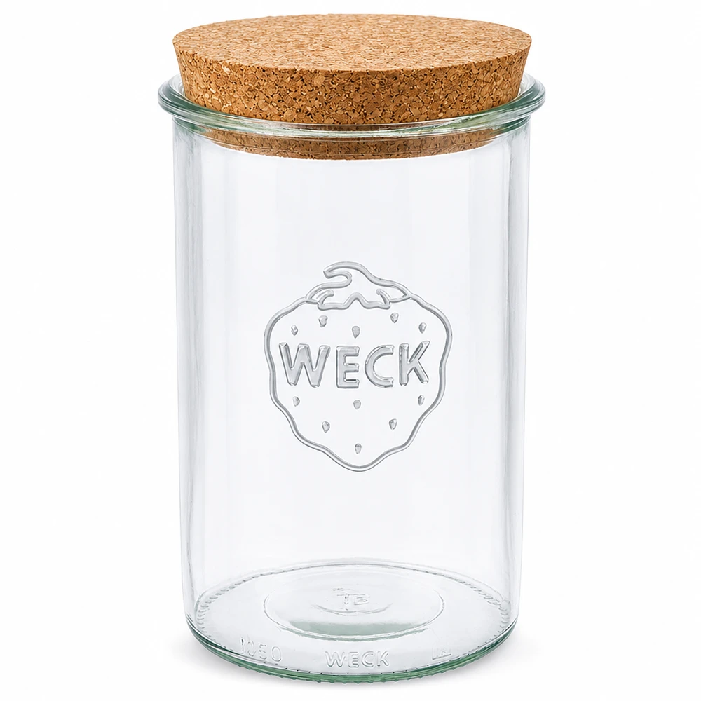 1000 ml Briller WECK RR100 med kork natur 1000 ml WECK RR100 tumblekrukke med naturkork-låg gennemsigtig konserveringskrukke opbevaringskrukke med WECK-logo