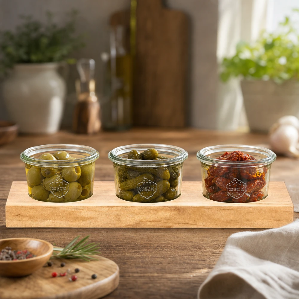 Serveringsbræt Plano3 med 3 Weck-glas med skruelåg, 80 ml Stilfuldt serveringsbræt i træ med 3 Weck-krukker fyldt med oliven og soltørrede tomater i et moderne køkken