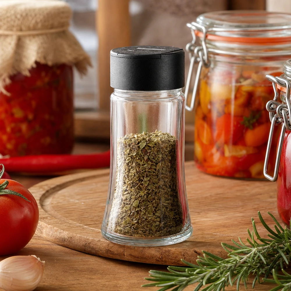 Salt-/krydderikrukke 95 ml med dobbelt strøer, sort Krydderiglas på 95 ml fyldt med oregano og sort dobbeltstøver på træbræt med tomater