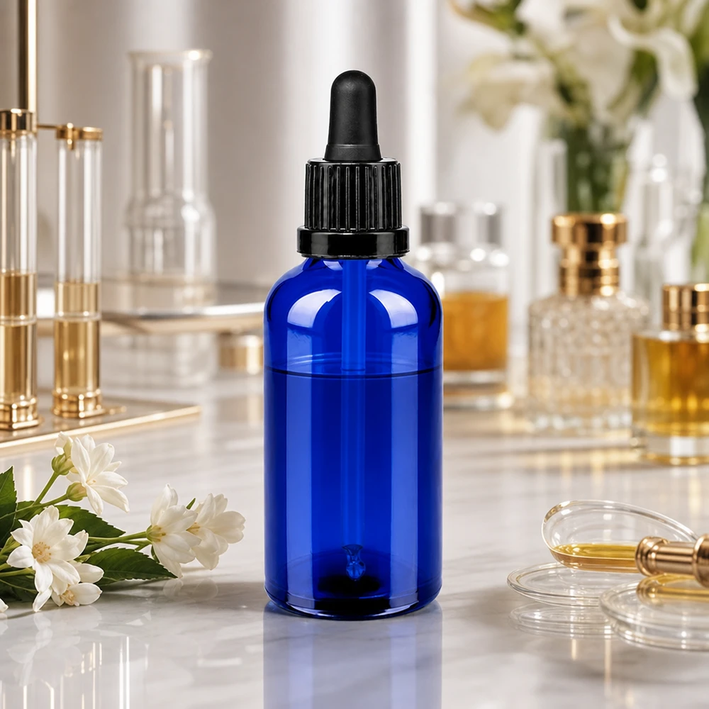 50 ml pipetteflaske sort OV BlueLine UT18/50 50 ml glasflaske af høj kvalitet med UV-beskyttelse takket være blå farve og præcis dråbelåg