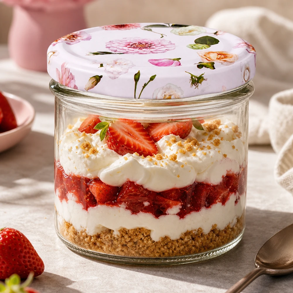 225 ml væltet glas + BasicSeal låg Blume rosa UNiTWIST Jordbær-cheesecake-dessert i 225 ml glas med pink blomster BasicSeal-låg - perfekt til lagdelte desserter