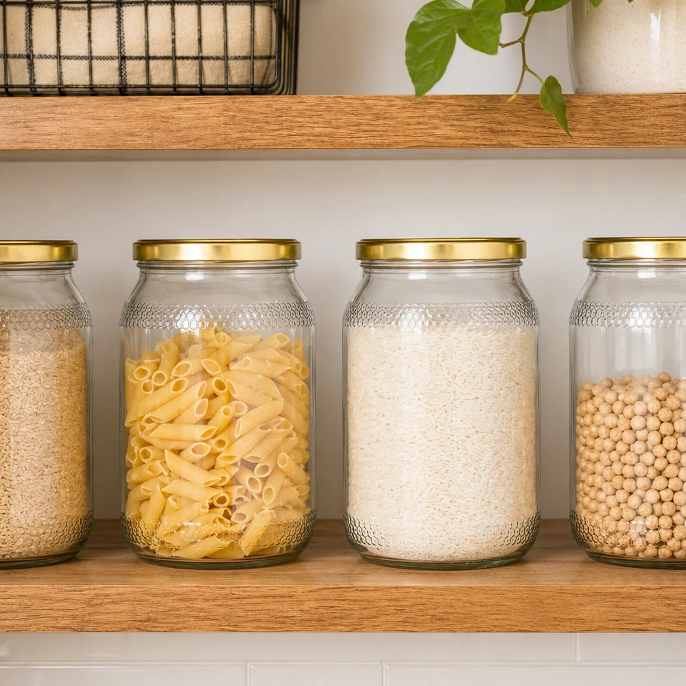 1260 g honningglas med gyldent BasicSeal UNiTWIST-låg 900 ml honningglas med gyldne låg som opbevaringsbeholdere til pasta, ris og bælgfrugter i det moderne køkken