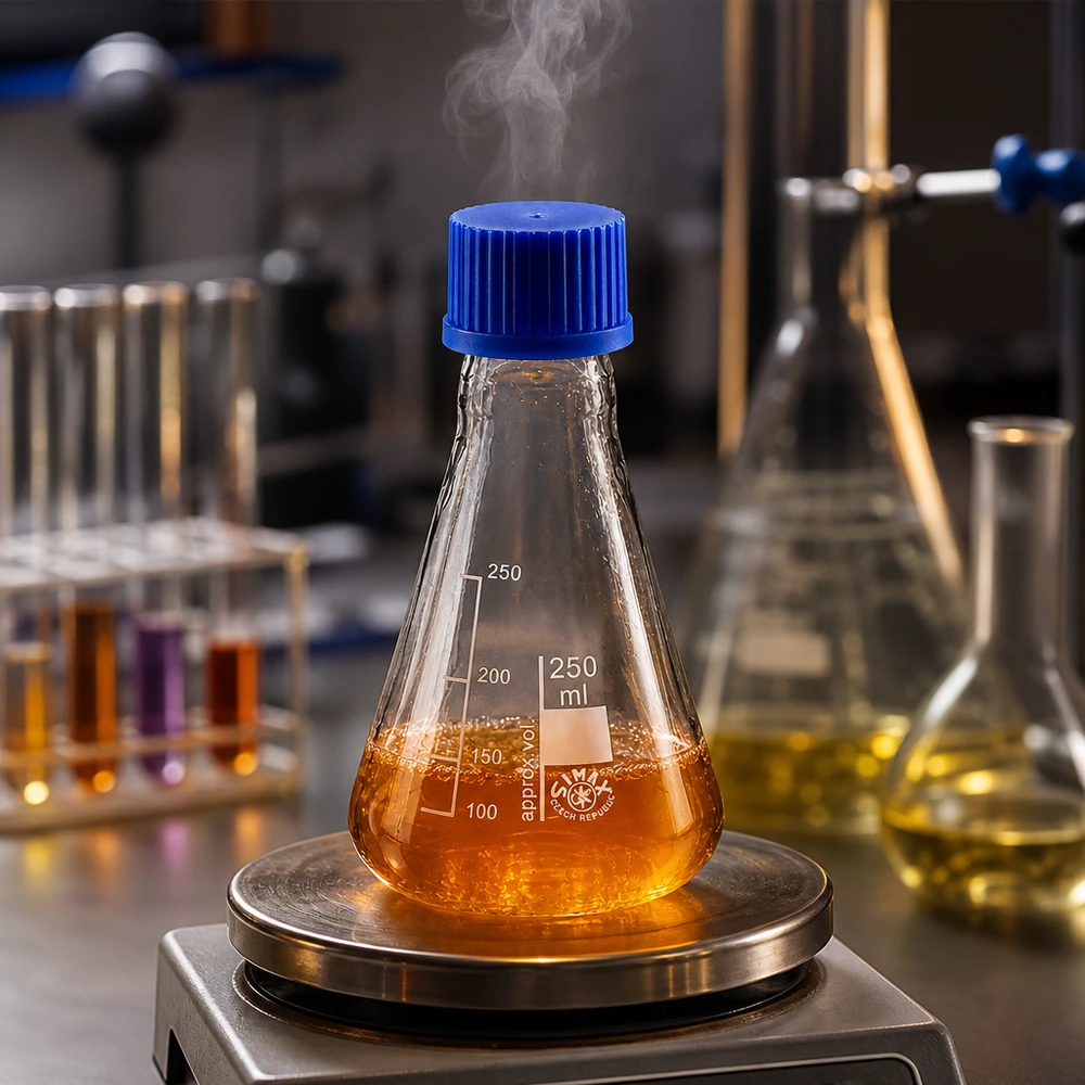 Erlenmeyer-kolbe 250 ml med skruelåg Erlenmeyer-kolbe 250 ml med orange indhold på varmeplade i laboratoriet