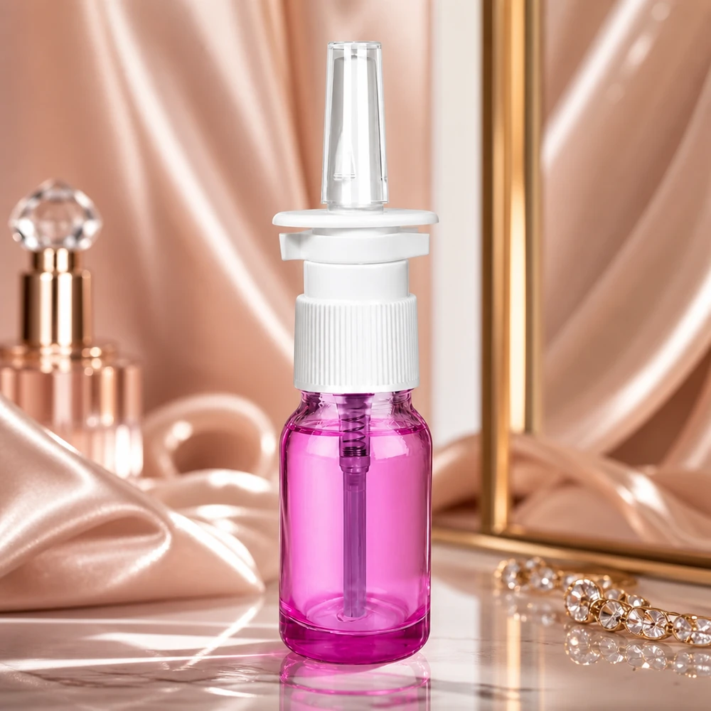 10 ml næsesprayflaske hvid/transparent standard PurpleLine. UT18/10 Premium 10 ml næsesprayflaske med hvid pumpe i elegant lilla glasdesign til terapi