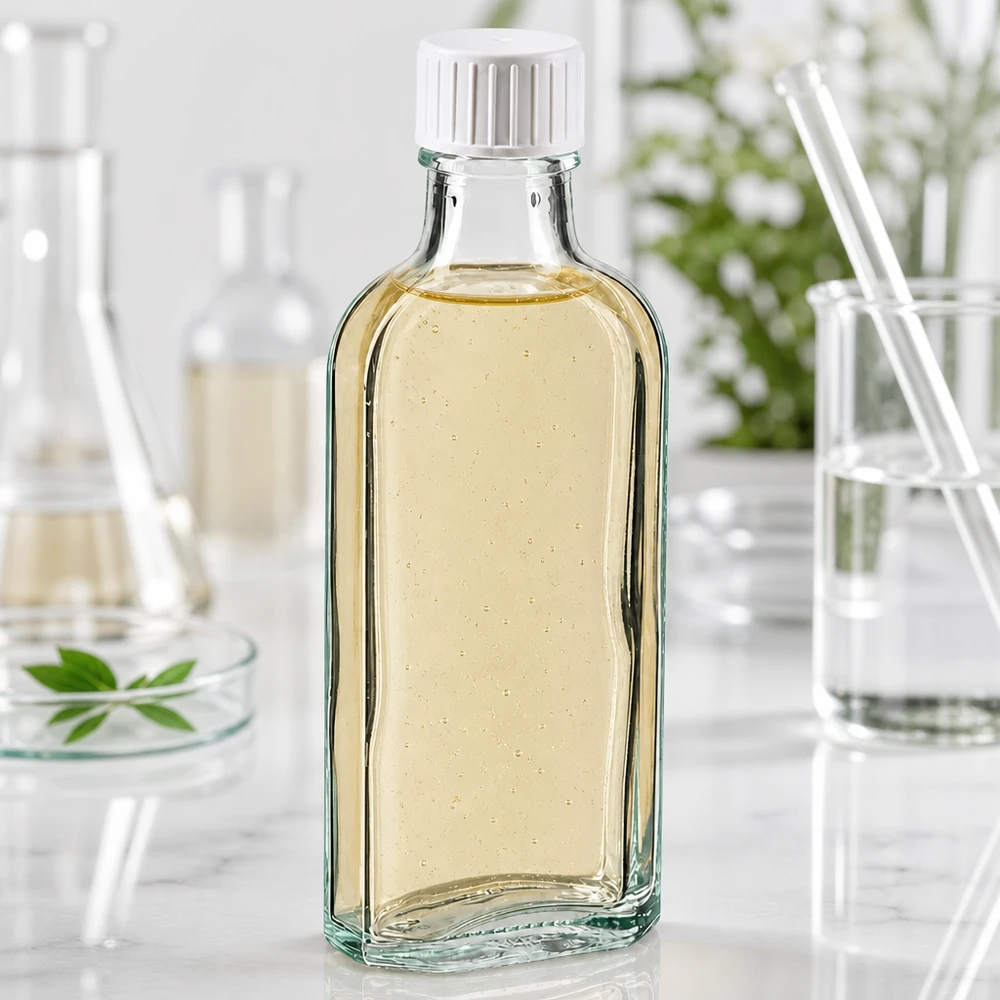 100 ml Meplat klar skruelåg med hældering Flad 100 ml Meplat-glasflaske med skruelåg og gult naturudtræk i laboratoriemiljø
