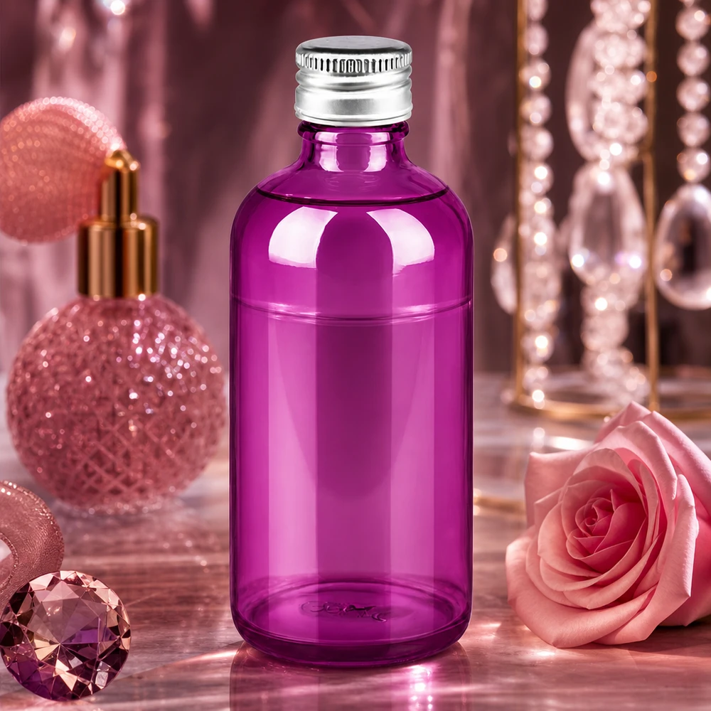 100 ml flaske. 11 mm skruelåg aluminium-sølv standard PurpleLine. UT18/100 Elegant violet glasflaske 100 ml med 11 mm standardgevind til professionel kosmetikemballage